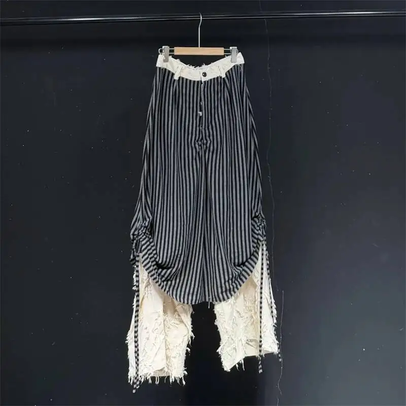 Vertical Stripe Irregular Wide Leg Pants Mens Raw Fringe Double Layer Niche Vintage Avant Garde Casual Trousers VD6T