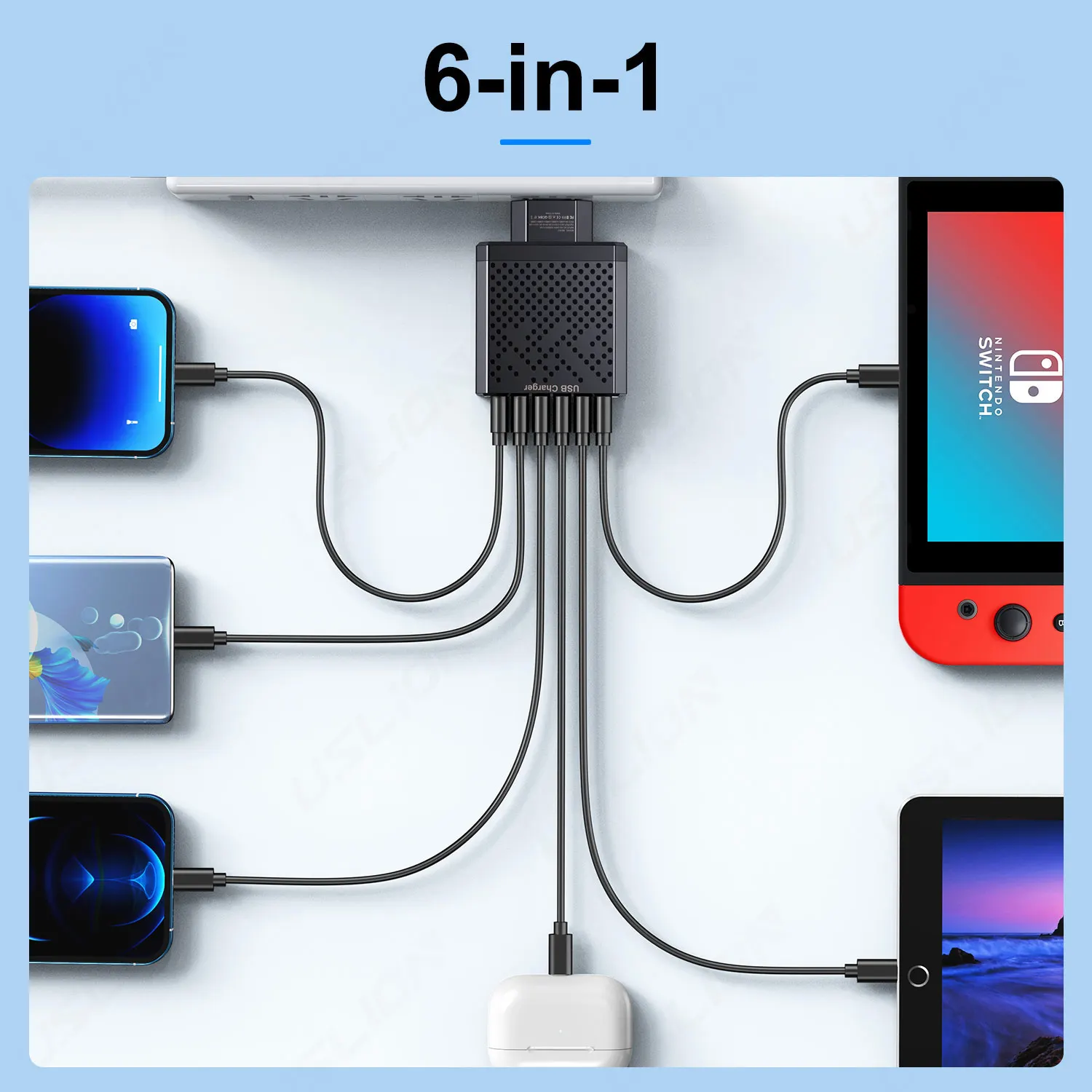 USLION 6 In 1 USB Charger QC3.0 Fast Charging Quick Charger For Samsung S23 Xiaomi Mobile Phone Charge Adapter EU/KR/US/UK Plug