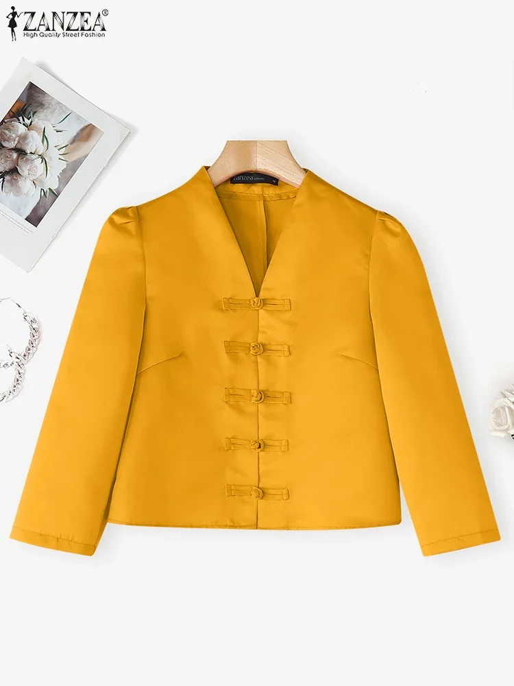 ZANZEA 2025 Elegant Women Satin Shirts Autumn Puff Sleeve Blouse Fashion V-Neck Button Up Solid Tunic Tops Casual Party Blusas