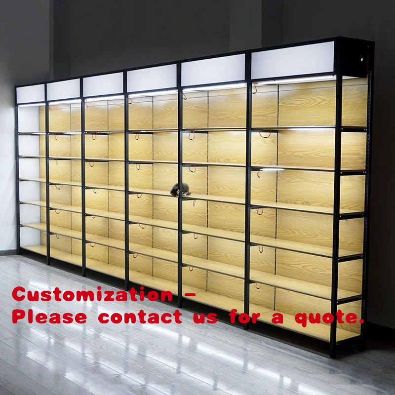

Customize.Lighted Supermarket Shelf Imitation Wood Grain Display Rack Snacks Stationery Multi-layer Storage Rack Single-sided wi