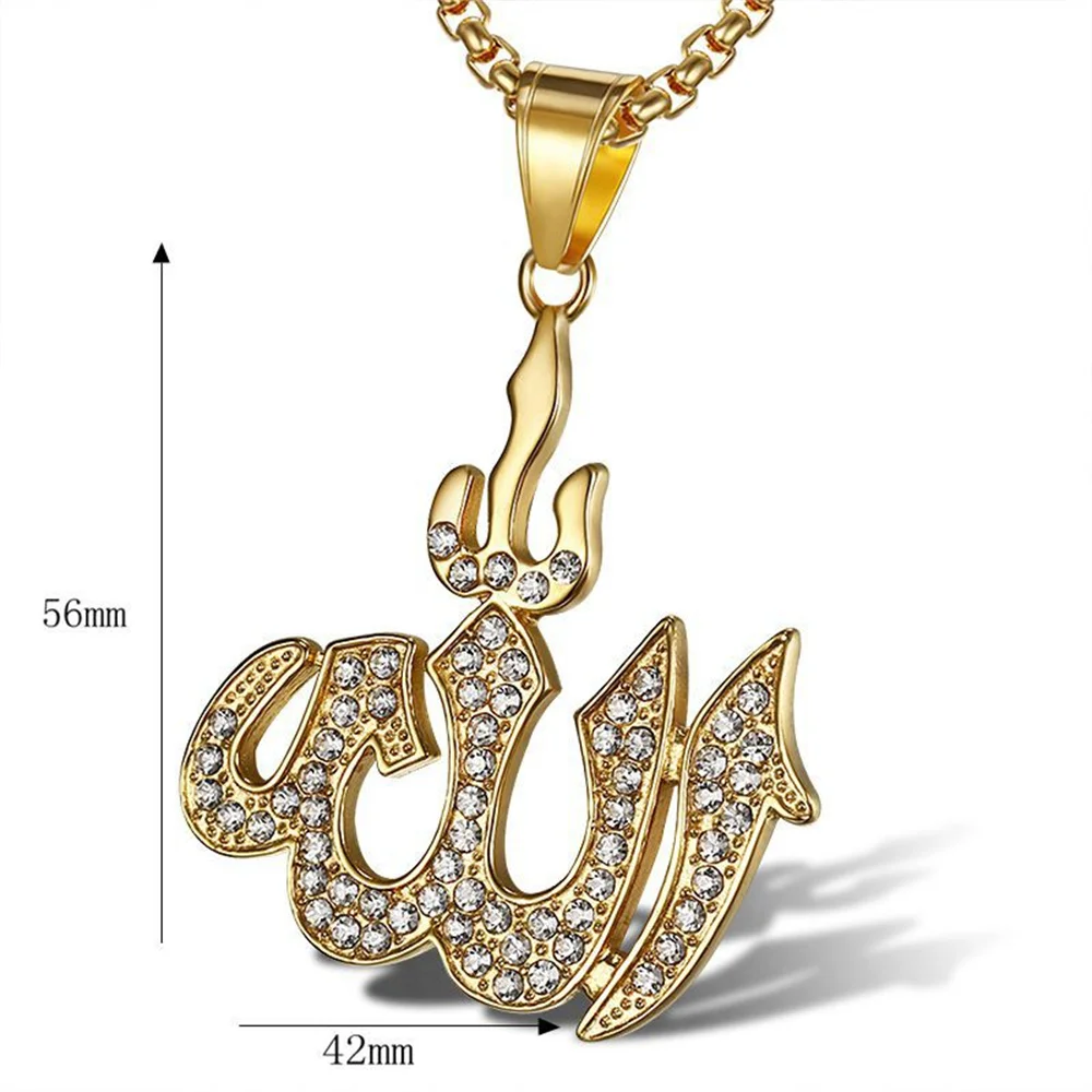 Hip Hop Iced Out Allah Pendant Necklaces Male Gold Color Stainless Steel Islamic Muslim Necklace For Men Religious Jewelry Gift