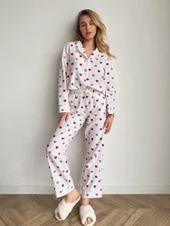 HiLoc Printing Heart Two Pieces Pajamas Sets With Pants Classic Oversize Shirts And Wide Leg Pants Sleepwear Outfits Female 2024