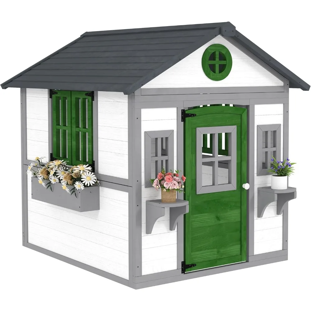 

Outsunny Outdoor Kids Playhouse, Wooden Playhouse with Doors, Windows, Planter Pots and Boxes for Toddlers 3-8 Years, Cottage Pl
