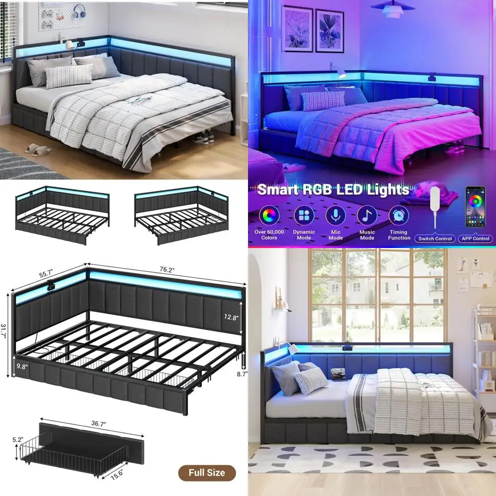 Full Daybed with Fabric Upholstered Corner Bed Frame, Storage Drawers, LED Light, and Kids Bed Unit
