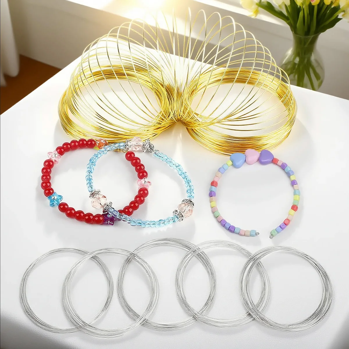 0.6mm Stainless Steel Memory Wire Coil 100 Loops for DIY Bracelet Ring Jewelry Making Beading Wire Silver Gold