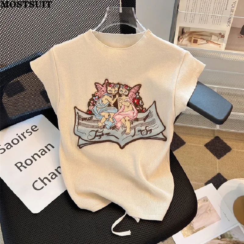 2024 Summer Embroidered Slim Knit Sweater Tshirt Womon Stylish Chic Sweet Short Sleeve O-neck Knitwear Pullover Jumpers Femme