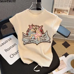 2024 estate ricamato sottile maglione lavorato a maglia Tshirt Womon elegante Chic dolce manica corta o-collo maglieria Pullover maglioni Femme