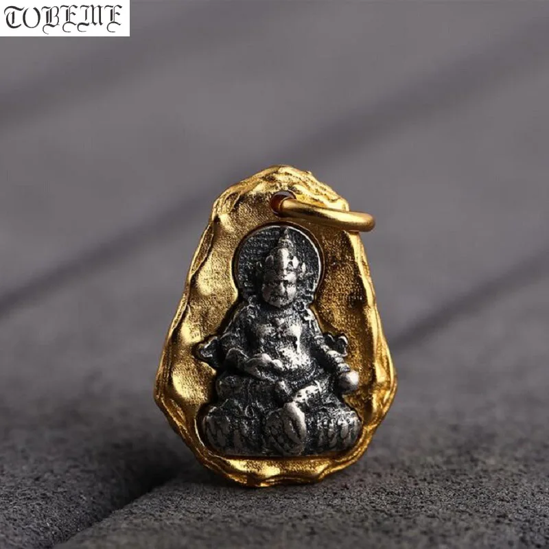 100% 925 Silver Tibetan Wealth Buddha Small Pendant Gold Plated Yellow Jambhala Good Luck Amulet