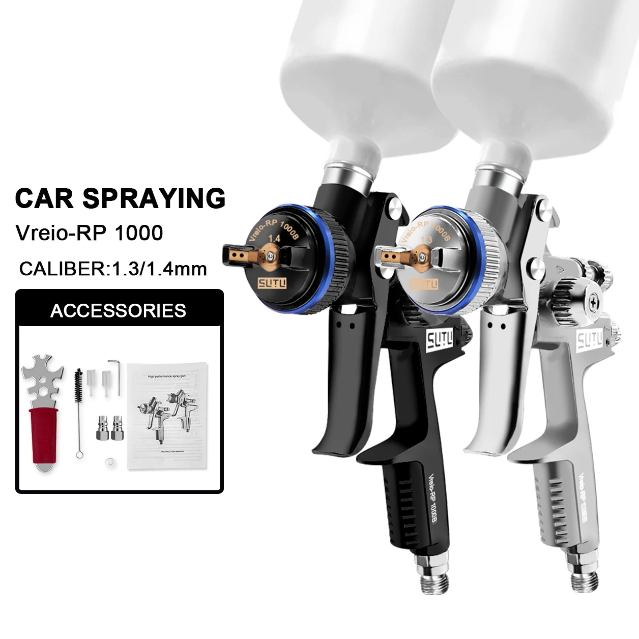 SUTU 1000 Double Gun Set, black and silver 1.3 and 1.4 caliber, suitable for high atomization in automotive painting