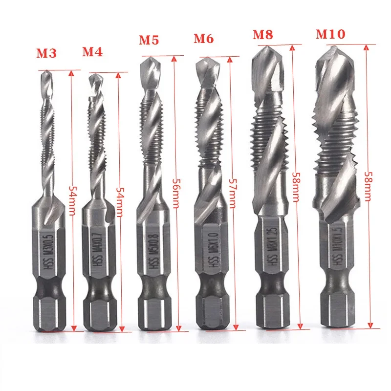 6 шт. M3-M10 сверла для метчиков, высокоскоростная сталь, 1/4 дюйма, быстросменные метчики с шестигранной головкой, зенковка, набор для снятия заусенцев для метрической комбинации