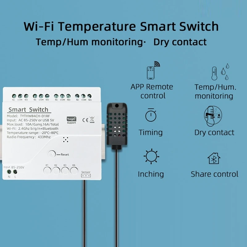 Tuya Smart Wifi 4-kanałowy przekaźnik z czujnikiem temperatury i wilgotności pasywny suchy przełącznik kontaktowy RF433 dla Alexa Alice