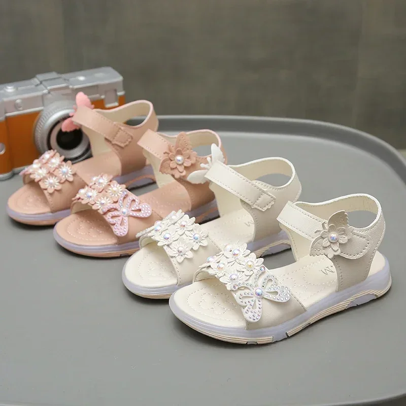 

Fashion Baby Girl Sandals New PU Leather Flats Children Pearl Rhinestone Summer Crystal Shoes Size 21-30 Slipper