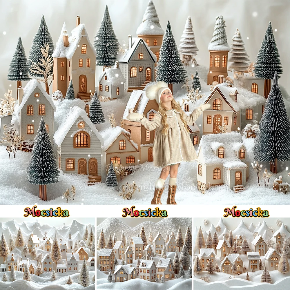 Mocsicka White Christmas Town Background Photography Snowy Houses Xmas Tree Frozen Backdrop Kids Winter Cake Smash Photo Studio
