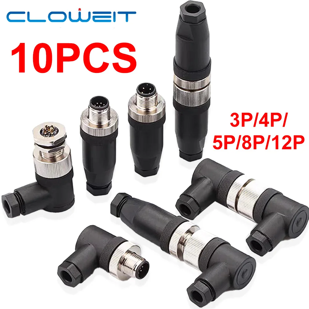 10PCS M12 12mm Aviation Connector Panel Mount Front Flange Socket Straight Right Angle Sensor Plug IP67 Waterproof 4/5/8/12Pin