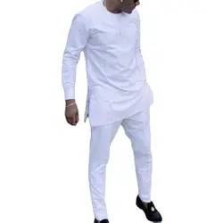 Roupas africanas de manga comprida masculinas, camisa branca sólida, tops e calças, calças com design simples, roupa de festa