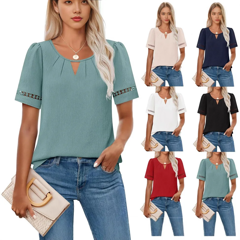 

Round Neck Lace Up Short Sleeve Solid Color Hollow Women's T-shirt Street Versatile Elegant Commuter Summer Top