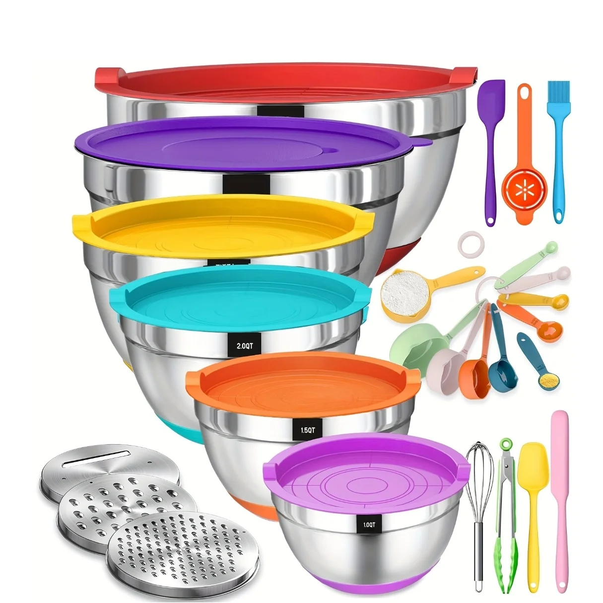 

usMixing Bowls with Airtight Lids, 26pcs Stainless Steel Bowls Set, 3 Grater Attachments & Black Non-Slip Bottoms Size 7, 4, 2.5, 2.0, 1.5, 1QT, Great for Mixing & Servingd
