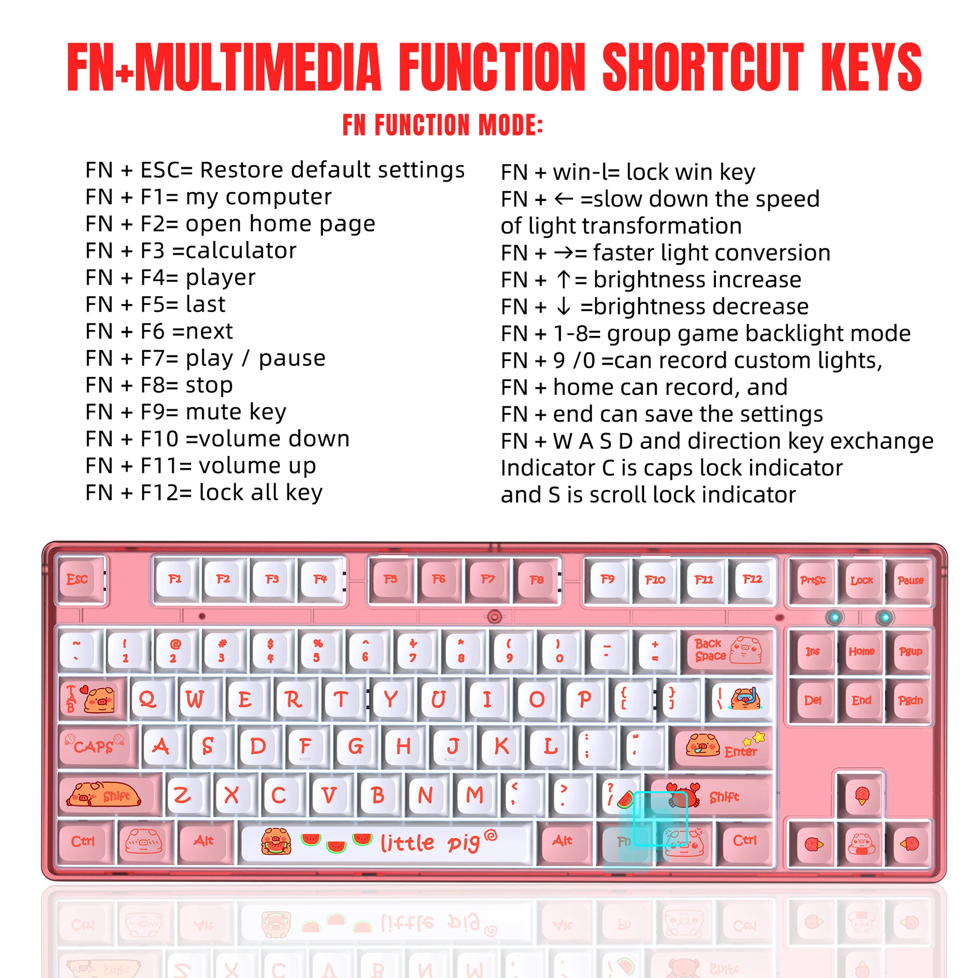 87 Keys Wired Mechanical Keyboard Cute Kawaii Cartoon Sublimation PBT Keycap Backlight Game Keyboard for Laptops Desktop