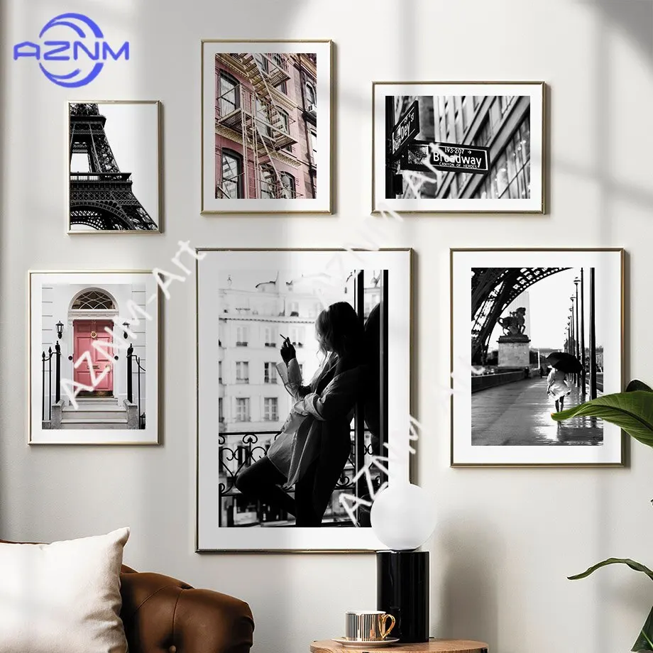 Paris Street Scene Leinwanddruck, rosa, Vintage-Mode, Mädchen, schwarz, weiß, Wandkunst für Wohnzimmer, Dekoration, Poster, Bild