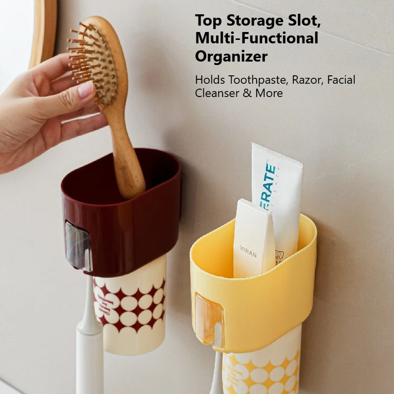 Magnetic Wall Mount Toothbrush Rinse Cup, Drill-Free Upside-Down Drain Bathroom Organizer with Storage Slot for Toothpaste Razor