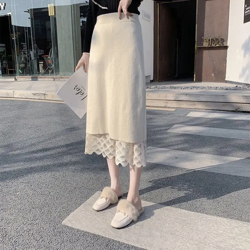 Lace A-line skirt women mid-length spring and autumn tall waist all-match reversible 2023 styles solid casual skirt female