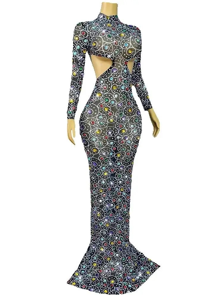 고품질 반짝이는 색상 핫 스탬핑 섹시한 백리스 메쉬 드레스 2025 신상 맞춤 여성 의류