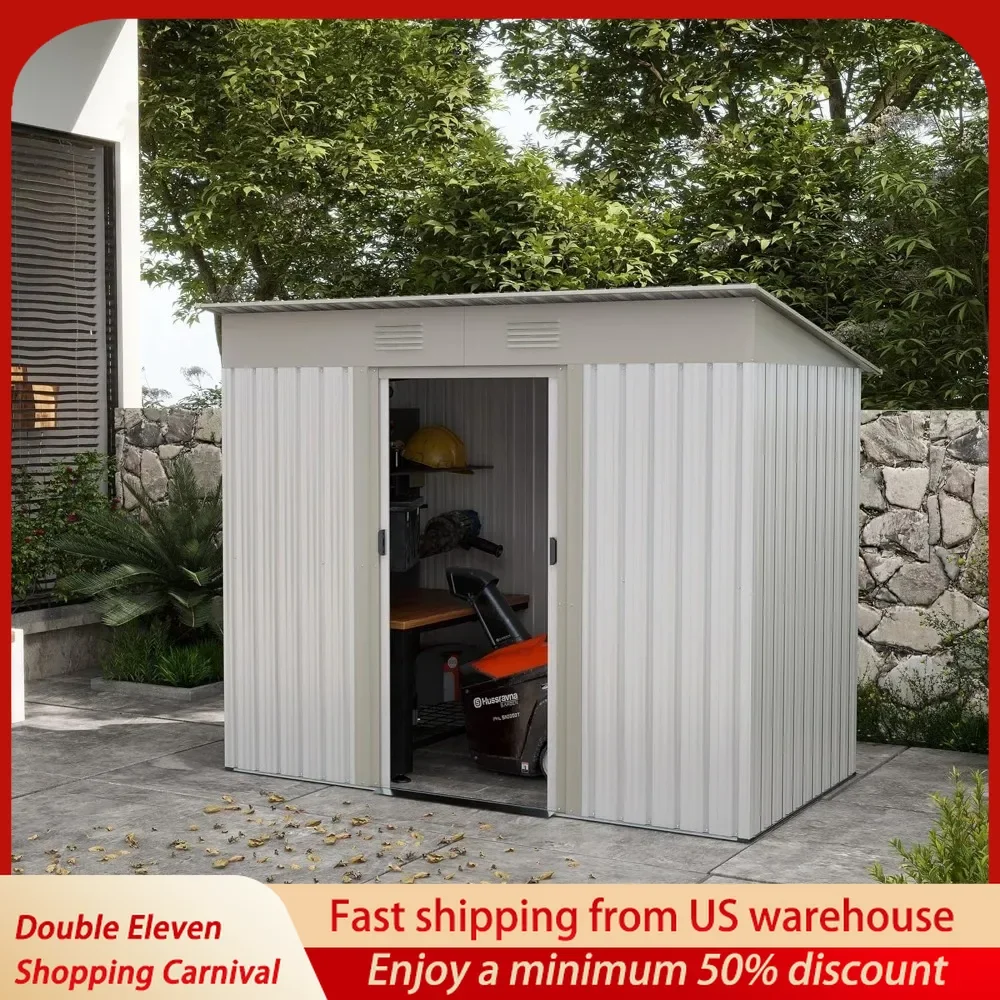 

7x4 FT Metal Lean to Garden Storage Shed, Outdoor Storage Tool House with Double Sliding Doors, 2 Air Vents for Backyard