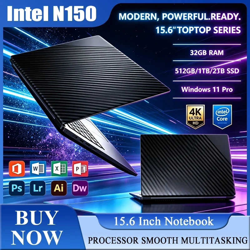 New 15.6'' Laptop Intel Core N150 32GB 2TB Gaming PC Ultra Slim Office Study Computer PC Windows 11 Pro 1920*1080 HD