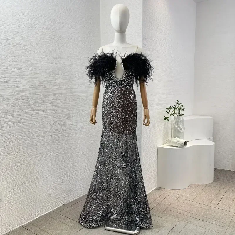 Women's Black Maxi Dress Sequins Diamonds Short Sleeve Feather Tube Luxury Style for Party New High Quality