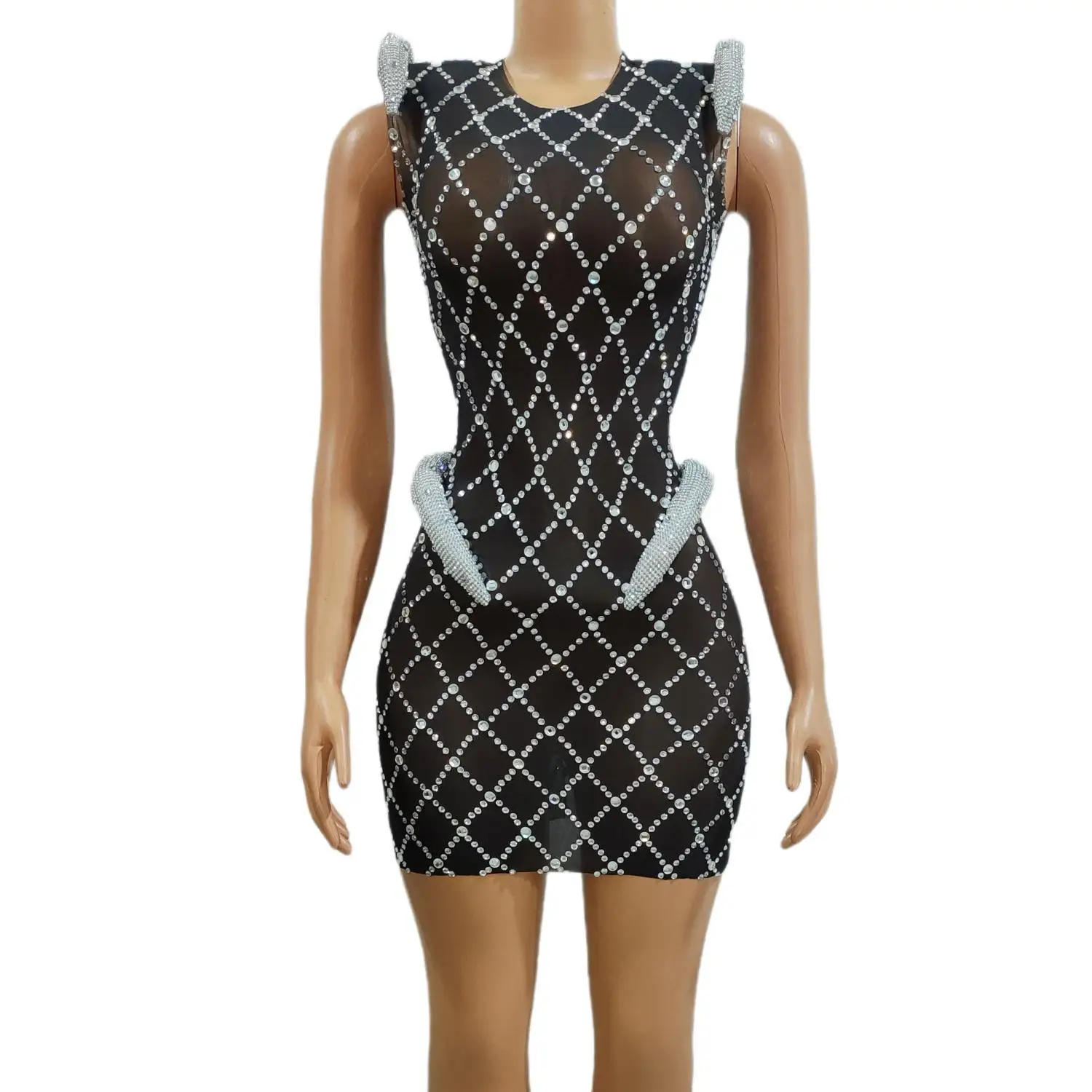 Heicha Luxury Black Mesh Diamond Grid Rhinestone Mini Dress Ladies 3D Crystal Decor Bodycon Cocktail Night Out Birthday Dress
