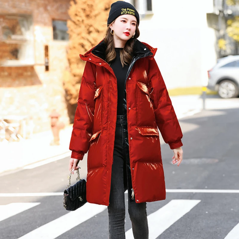 Glossy Medium-length Down Jacket Women New White Duck Down Thickened Stand Collar Puffer Jacket Loose Warm Winter Hooded Jacket