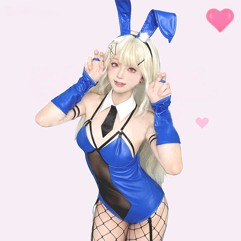 

SENMHS Bunny Girl Cosplay Leather Deep V Bodysuit Plush Tail Anime Maid Uniform Women Backless Rabbit Jumpsuit Outfit Costume