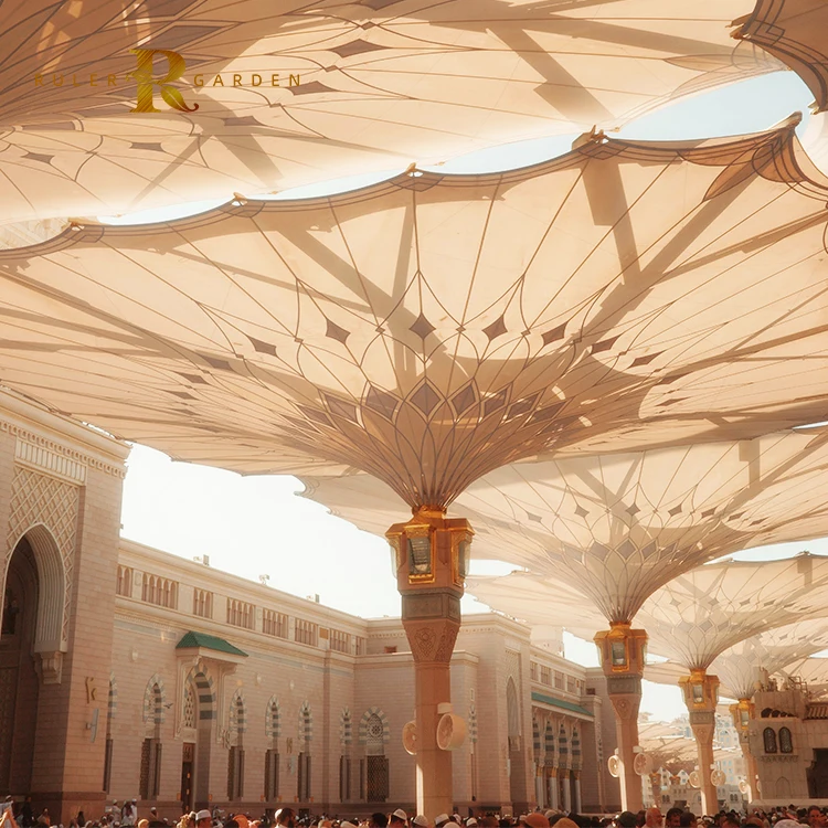 

Mosque Plaza Sunshade Motorized Huge Umbrella Windproof Corrosion-Proof Aluminum Frame Heavy PVC Membrane Canopy