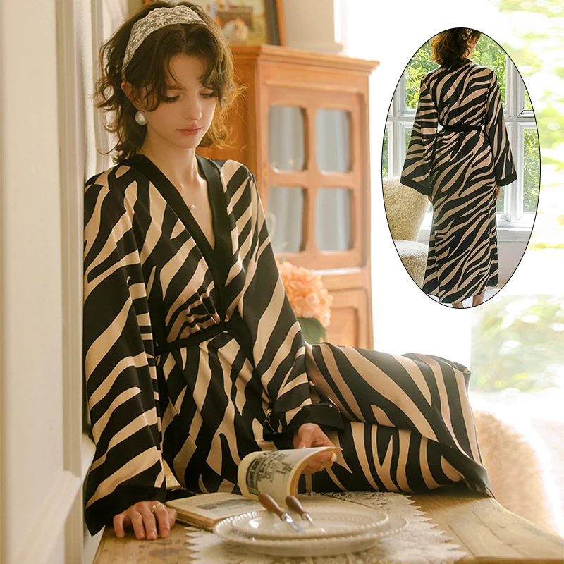 

Женские пижамы, элегантные ночные рубашки с длинными рукавами и принтом зебры, роскошный атласный халат, халат с v-образным вырезом и поясом, новый шелковистый халат