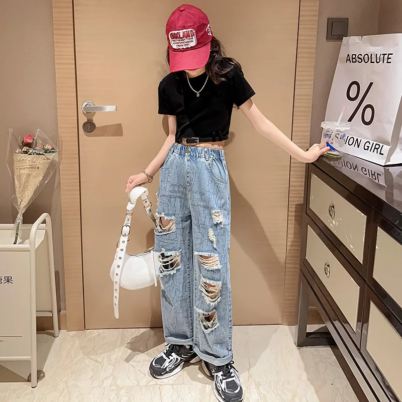 Fashion Girls Clothes Sets Summer Short Sleeve T-shirt + Ripped Jeans Pants 2PCS Children Clothing Kids Outfits Teen 6 -14 Year