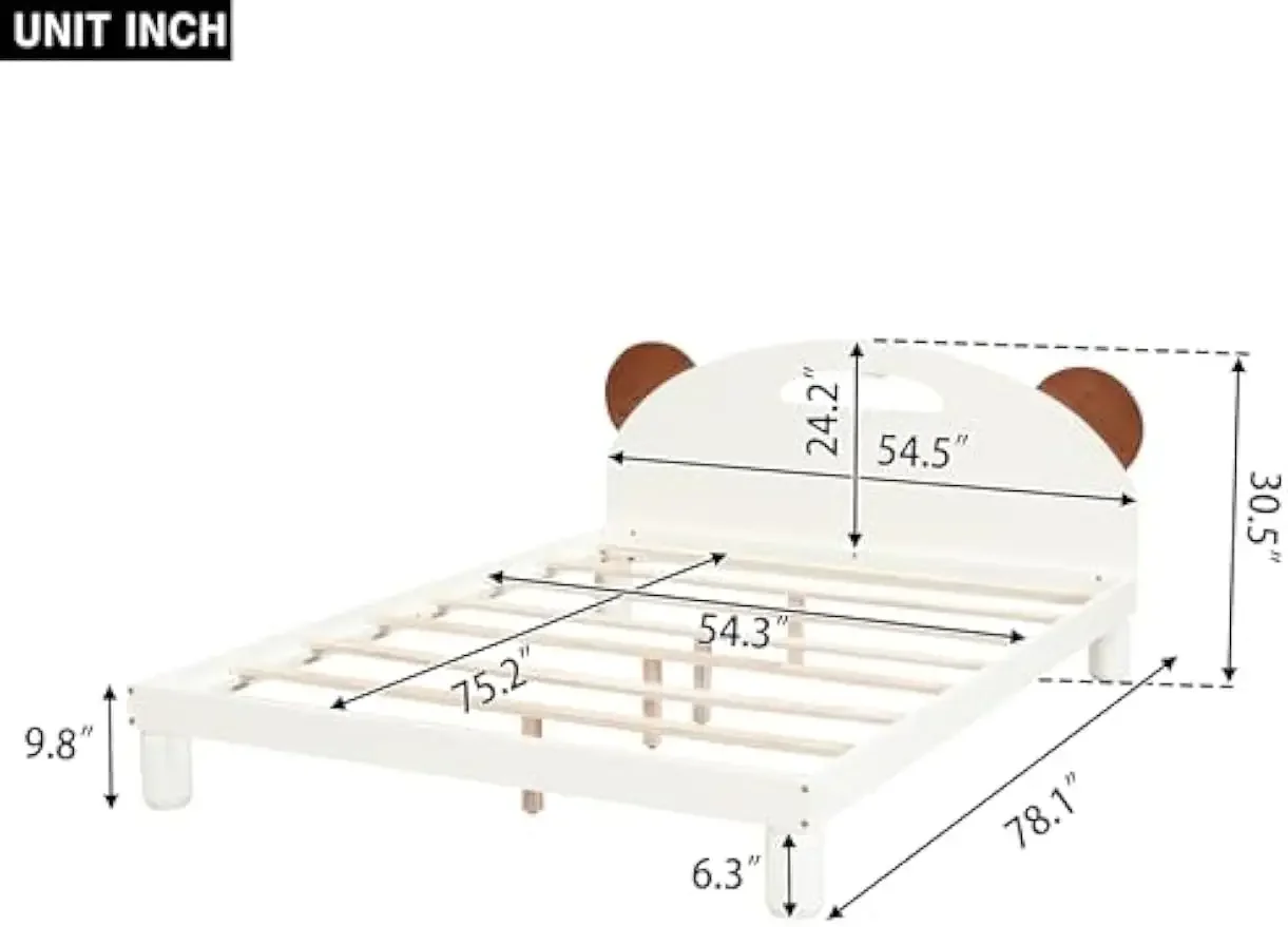 Tempat tidur Platform ukuran penuh dengan telinga beruang berbentuk Headboard dan LED, untuk anak-anak remaja dewasa kamar tidur, rangka tempat tidur dengan pagar pengaman,