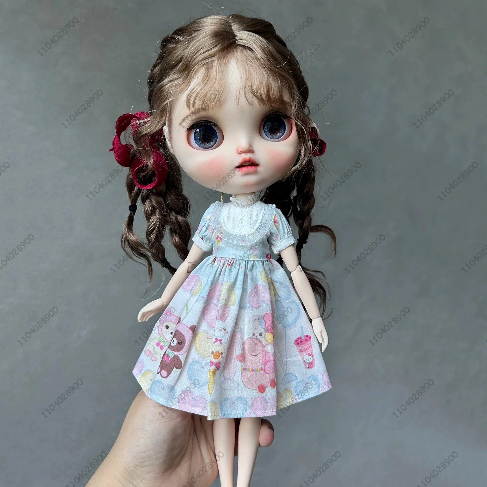 

For Blythe Doll 30CM 1/6 Doll Clothes OB24 Azone Pink Blue Patterned Dress Square Collar Vintage Cottagecore Fringed Dress