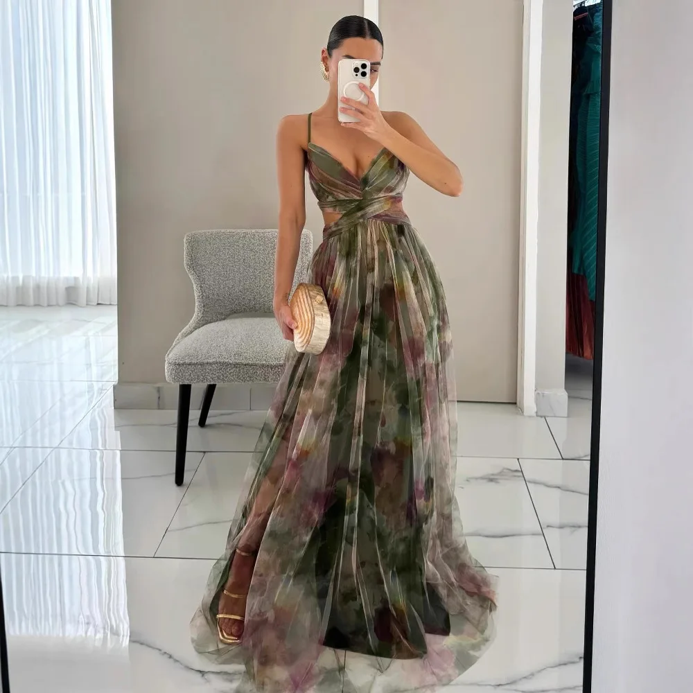 

2025 New Summer Sexy Hollow Out Party Dress Women Loungewear Fashion Printing Maxi Dress Sleeveless Lace-Up Ladies Dress Vestido