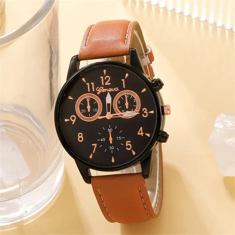 New Men Watch Luxury Bracelet Set Fashion Business Brown Leather Quartz Wrist Watches for Men Gift Set Relogio Masculino