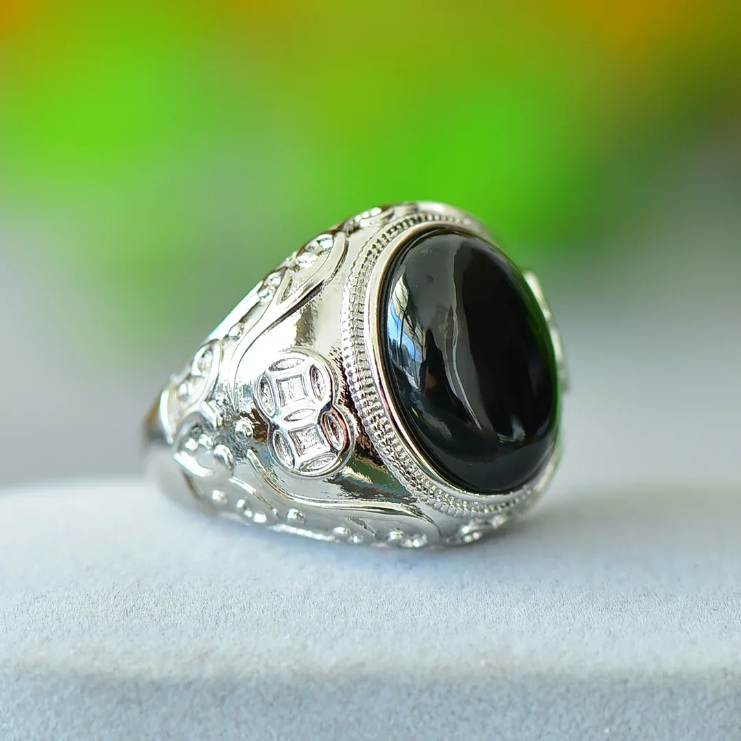 Natural Hetian Jade Women Ring Black Gemstone Accessories for Men Silver Plated Jewelry Luxury Woman Man Unisex Stone Rings