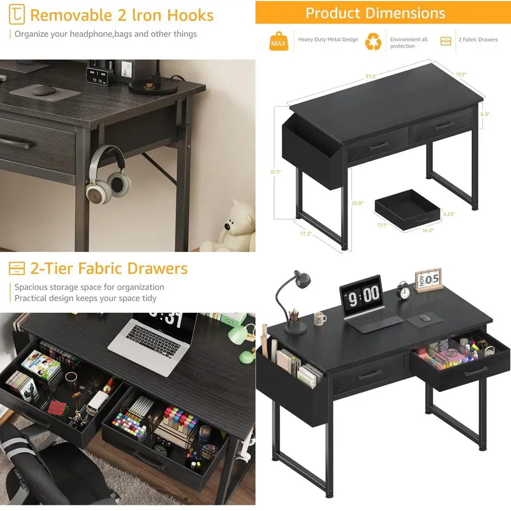 Compact Fabric-Drawer Gaming Desk, 32 for Small Spaces, Black