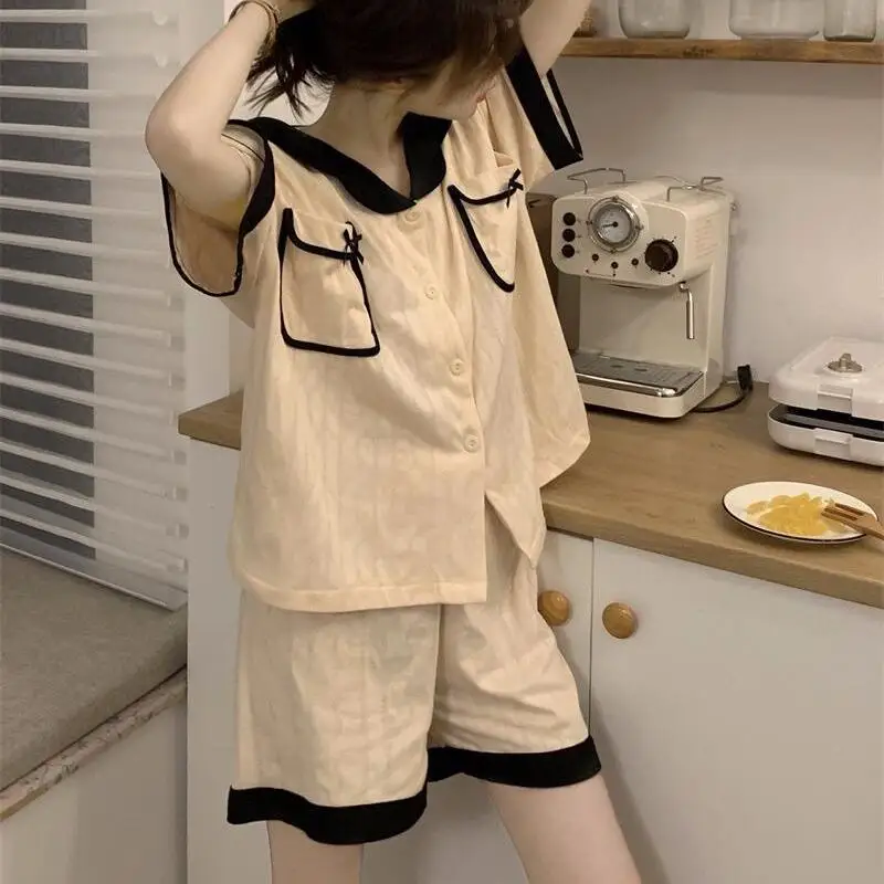 Ins Style New Korean Version of Premium Pajamas Women's Bows Simple and Sweet Dormitory Set Summer Short-sleeved Loungewear