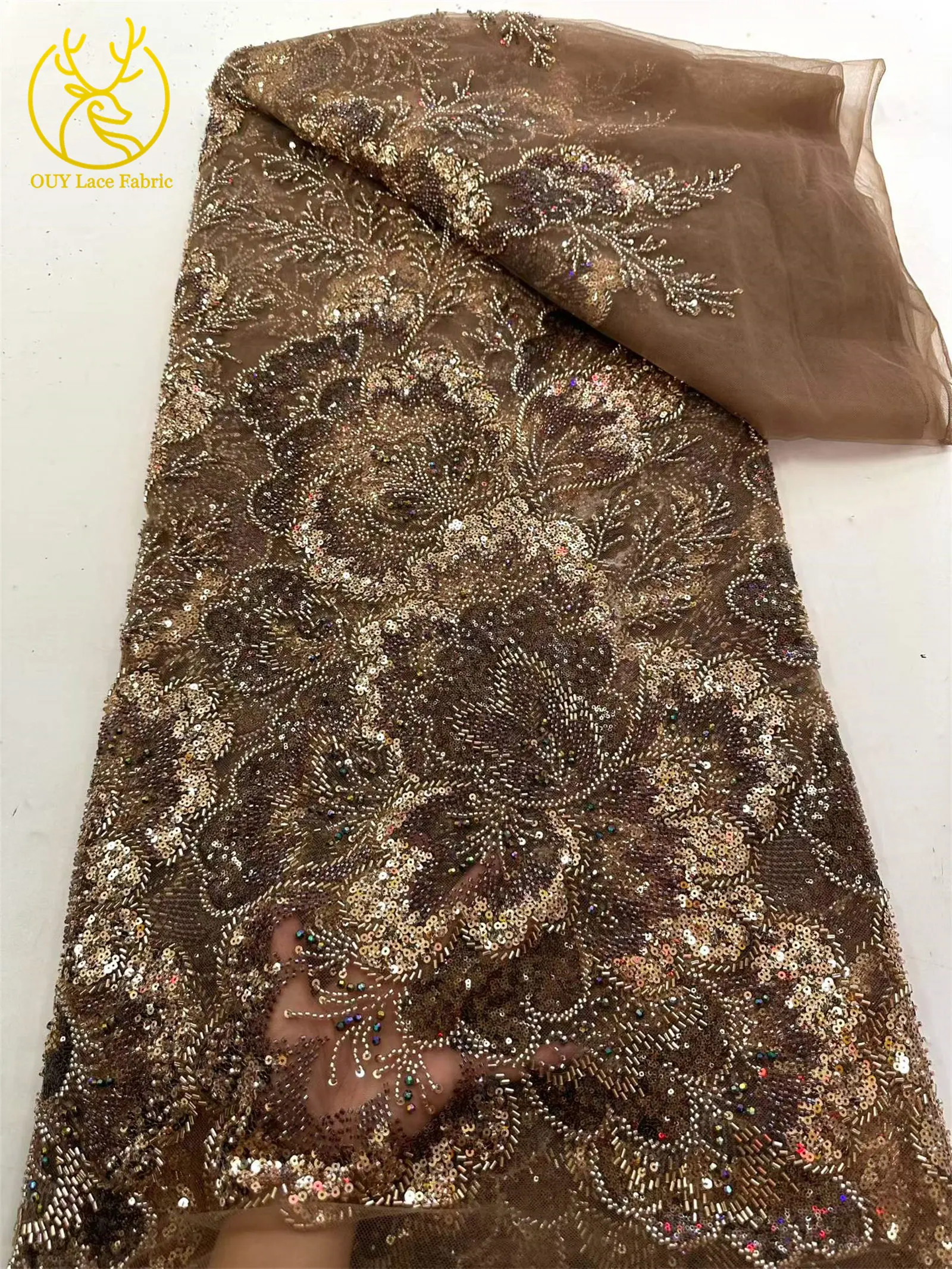 Afrikanischer Brautkleidstoff mit Perlen und Spitze 2026 Luxuriöse Nigerianische Stickerei Pailletten-Spitze Französische Tüllspitze für Brautkleider – Detail 14