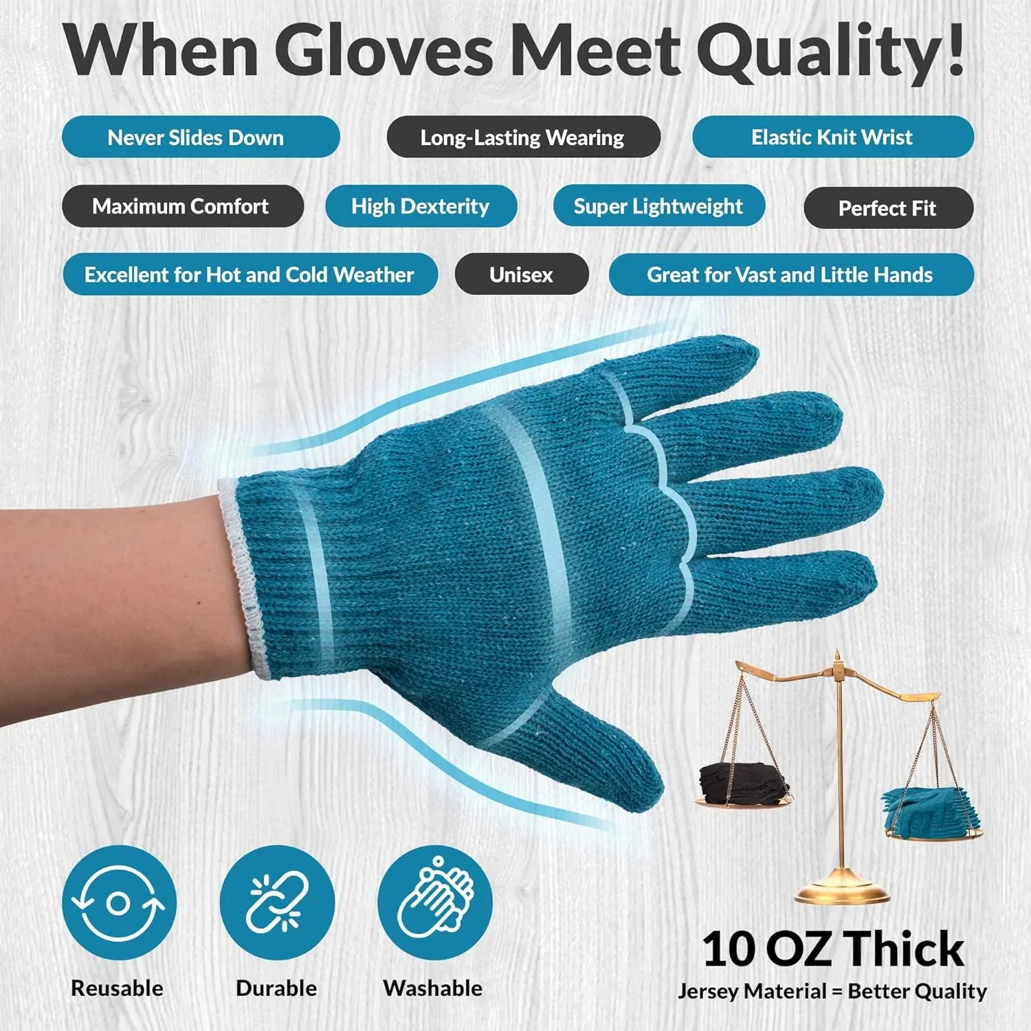 Guantes de punto azul y gris, 10 ", talla L Guantes de trabajo de algodón reutilizables para hombres y mujeres, paquete de 480, 10 Oz, transpirables, Wo