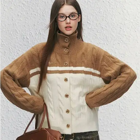 Suéter de malha coreano estilo universitário marrom gola alta cabo cardigã de malha outono inverno design solto fino