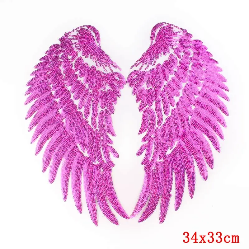 1Pair Gold Silver Rainbow Sequin Feather Angel Wings Patches Iron On Dress Jeans Shirt DIY Applique Decoration Wing Sewing Patch