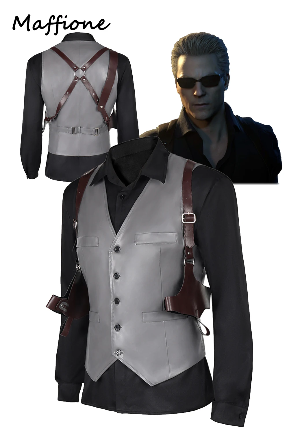 Wesker คอสเพลย์สำหรับผู้ชายชุดแฟนซีตัวแทนผู้มีถิ่นที่อยู่ในเกมปลอมตัวผู้ใหญ่สวมบทบาทชุดแฟนตาเซียฮาโลวีน