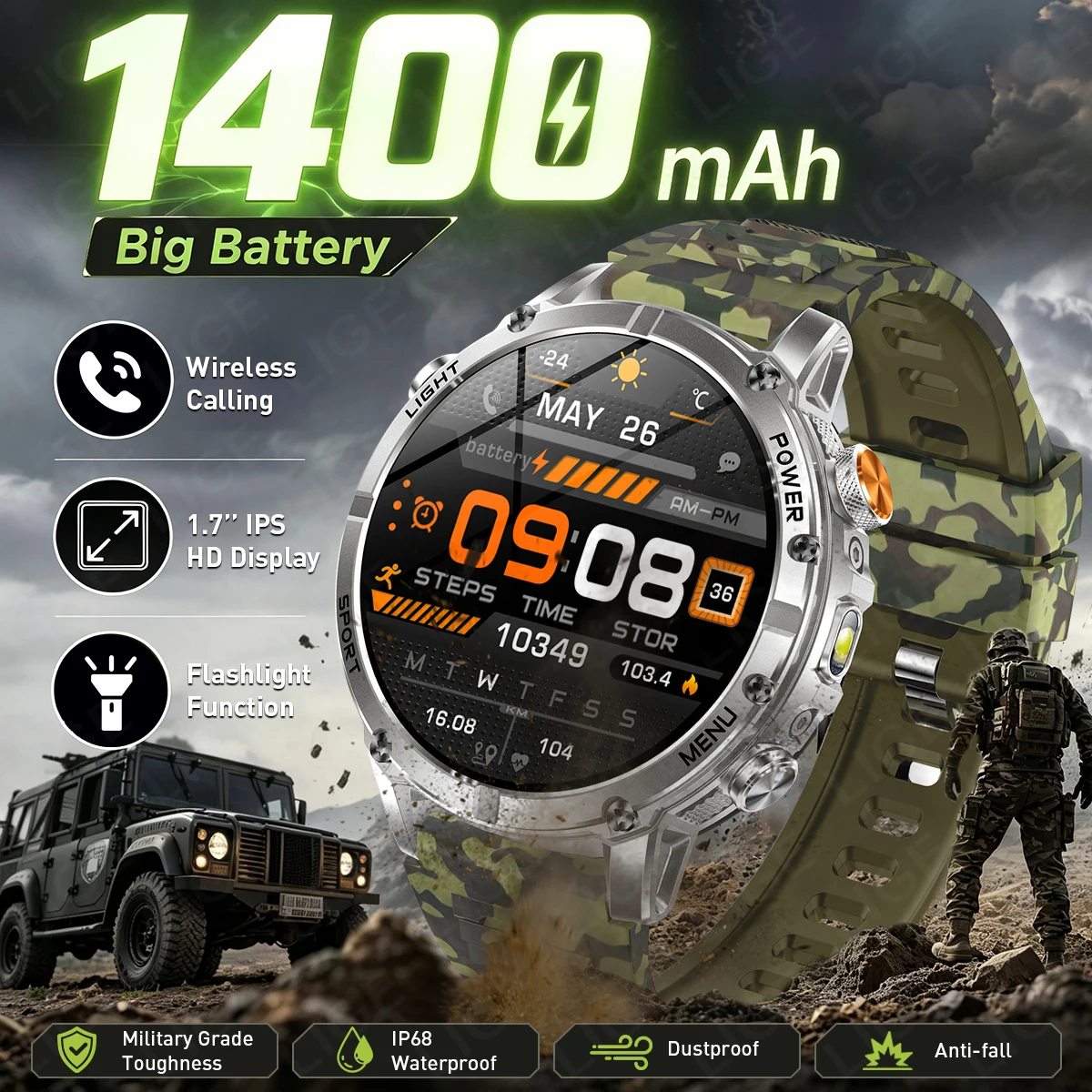 LIGE Rugged Sports Smart Watch 1400mAh Large Battery LED Flashlight Bluetooth Call Health Monitor Militray Tactical Smartwatch