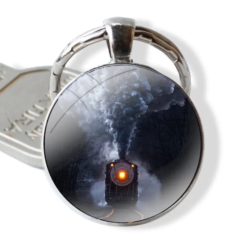 Steam Trains Keychain Handmade Glass Cabochon Key Ring Holder Pendant Key Chains