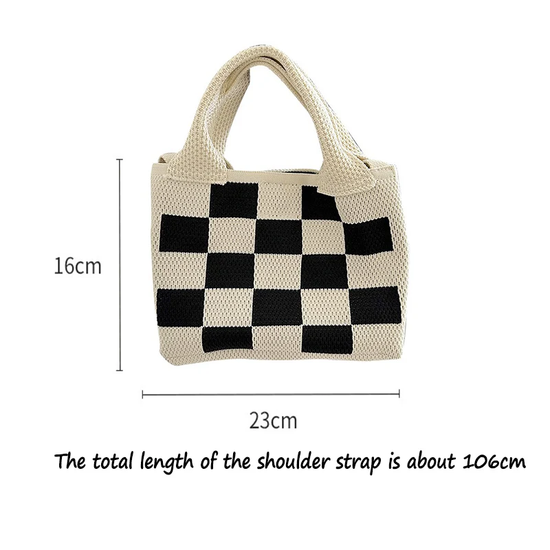 Women\'s Knitted Checkerboard Plaid Bag, One Shoulder Hand Cross-body Bag, Black And White Checkered